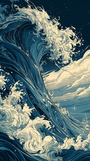 Illustrative ocean wave with foamy crest and flowing linework on deep teal and cream background, ultra HD 8K