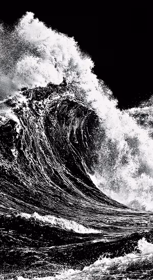 Monochrome ocean wave centered on a black and white background in a monochrome aesthetic.