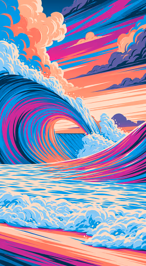 Retro ocean wave in vivid pink, blue, and coral tones with a bold pop art aesthetic.
