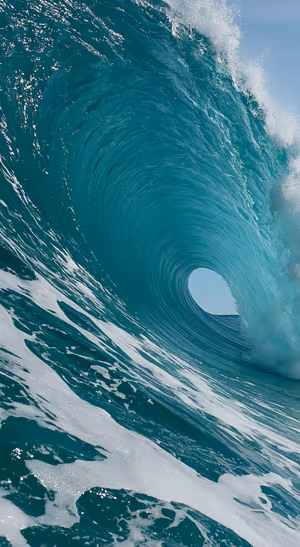 Realistic ocean wave curling through teal and white water in a dramatic coastal aesthetic.