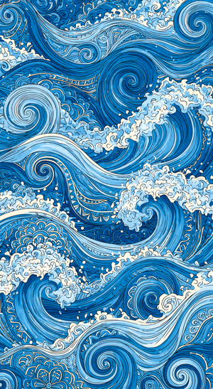 Art nouveau ocean waves in swirling blue tones on a blue background, designed as an ultra HD wallpaper.