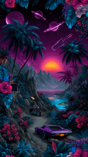 Retro neon tropical sunset scene with car and motorcycle centered on a purple blue coastal background ultra HD 8K image