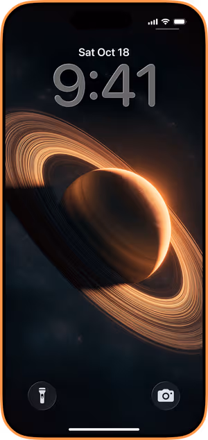 Wallpaper preview on iPhone 17 Pro Max running iOS 26 - Golden Ringed Saturn
