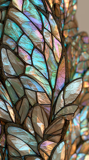 Iridescent stained glass leaf mosaic with opalescent teal and pearl tones ultra HD 8K background for iPhone