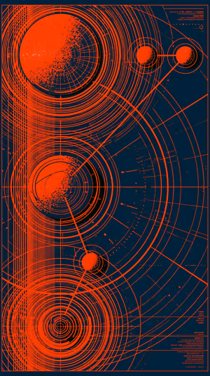Retro futuristic orbital diagram with concentric rings and planets on a navy background in bold crimson geometric aesthetic.