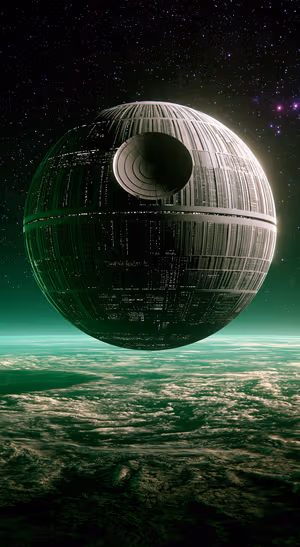 Sci fi orbital sphere centered on a green space background in a cinematic sci fi aesthetic.