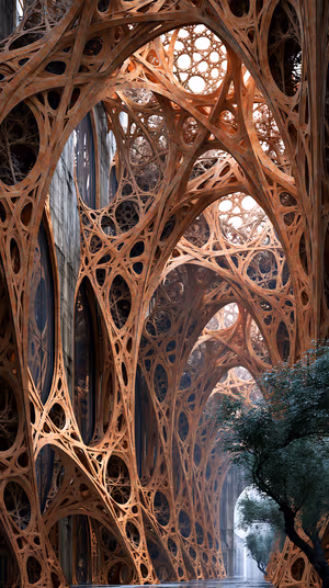 Parametric organic lattice arches over a warm copper background in an intricate architectural aesthetic ultra HD 8K
