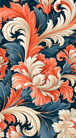 Vintage floral pattern on a coral, cream, and teal background in an ornate botanical aesthetic.
