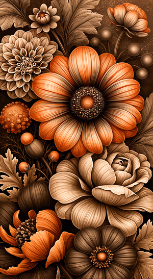 Ornate floral arrangement in orange and brown tones with a dark botanical aesthetic.