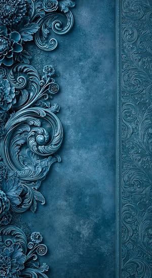 Baroque floral ornament in ornate style with deep teal tones on a textured background.