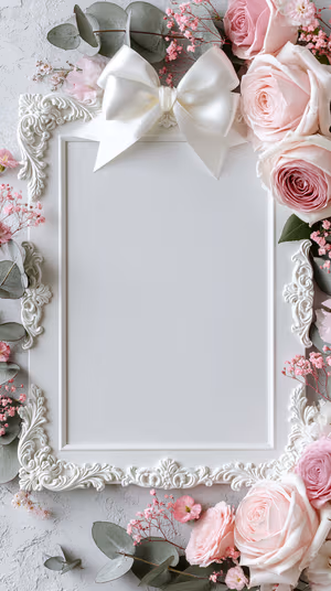 Romantic floral ornate frame with satin bow and soft pink roses on a white textured background ultra HD phone background