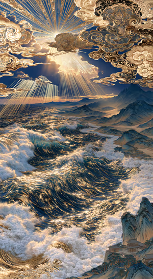 Ornate ocean landscape in gold and blue tones with gilded clouds, radiant sunbeams, and layered mountains