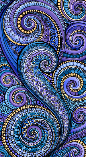 Ornate paisley spirals in blue, purple, and gold on a decorative abstract background.