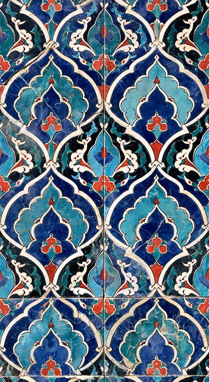 Vintage Ottoman tile pattern on a blue background with teal, red, and cream floral geometry.