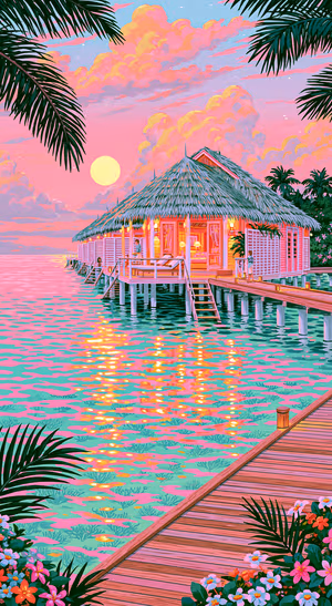 Pastel illustrated overwater bungalow on a pink teal sunset lagoon, Ultra HD background