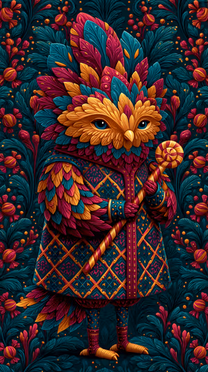 Ornate folk art owl guardian on a deep teal background with vibrant teal, magenta & gold feathers, ultra hd 8K image.