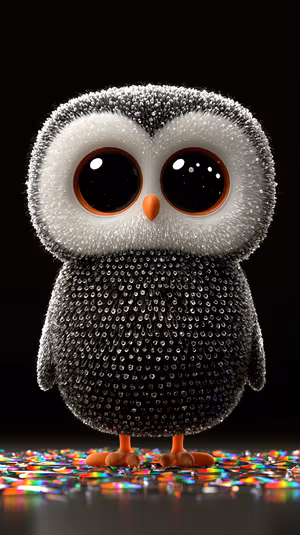 3D crystal bead owl with glossy eyes on a black background, orange beak and confetti reflections ultra hd 8K background