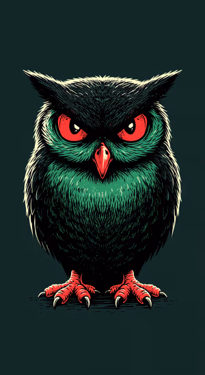 Gothic owl centered on a dark green background in a bold illustrated aesthetic