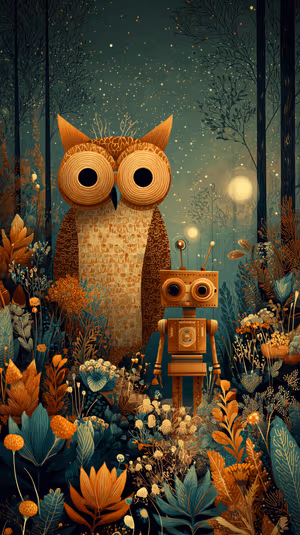 Storybook illustration of an owl and vintage robot centered on a teal and orange moonlit forest background, ultra HD image