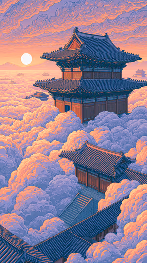Illustrative pagoda in clouds centered on a lavender peach sunset background in a dreamlike fantasy aesthetic, ultra HD 8K.