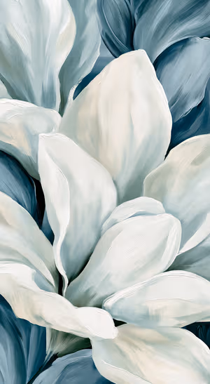 Painterly white floral petals centered on a pale blue background in a soft botanical aesthetic.