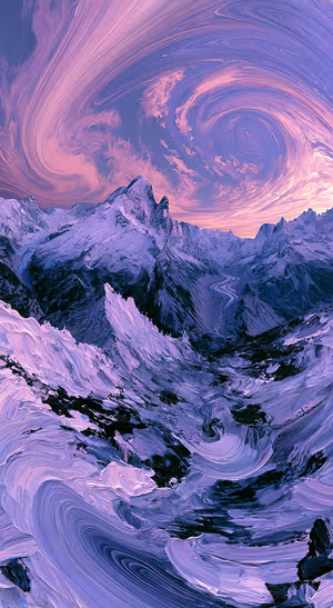 Painterly mountain landscape in purple and pink tones with swirling sky texture.