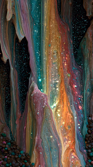 Iridescent abstract paintfall against a deep teal and gold background with glitter speckles ultra HD image.