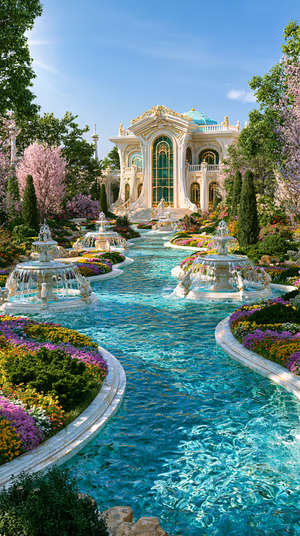 Ornate palace garden with turquoise canal and tiered fountains in a lush spring aesthetic, ultra HD wallpaper