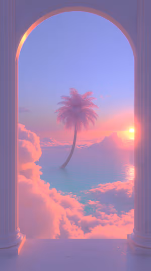 Ethereal pastel surreal palm tree framed by a marble arch over pink purple ocean and clouds ultra HD image