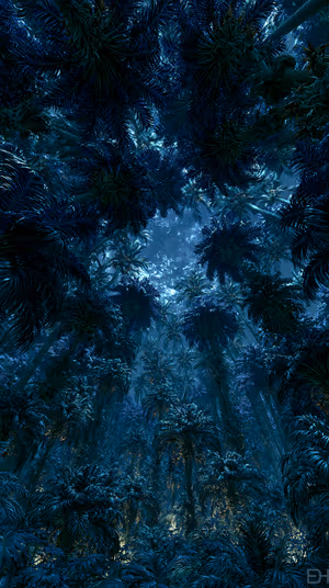 Cinematic palm forest canopy centered on a deep midnight blue background in a moody, ethereal aesthetic, ultra HD image