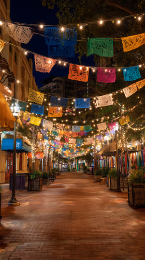 Night festival street with multicolor papel picado and warm string lights in a vibrant, cozy aesthetic, ultra HD 8K background