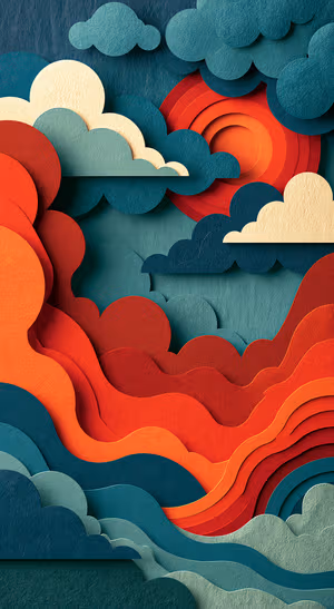Paper cut layered clouds and waves in teal and orange with concentric sun, textured paper aesthetic, ultra hd image