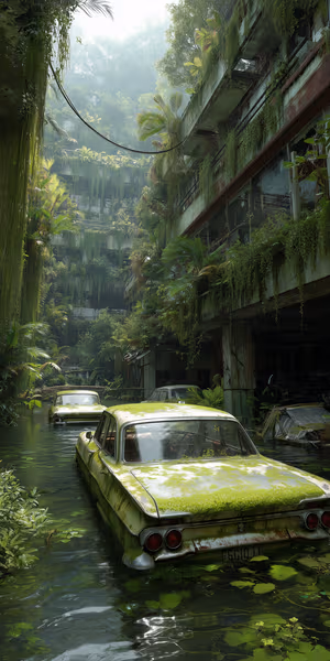 Overgrown urban parking garage with moss covered vintage cars on reflective green water in a lush, moody aesthetic ultra HD 8K