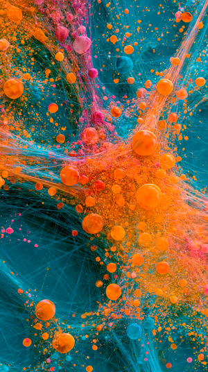 Abstract particle burst centered on teal and orange field with floating orbs and filament threads ultra HD 8K image.