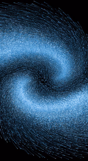 Dynamic abstract particle swirl centered on a deep blue background in a vector flow aesthetic, ultra hd background.