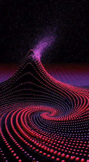 Cyberpunk particle wave centered on a purple background in abstract 3D aesthetic.