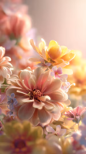 Soft macro pastel floral bouquet centered on a peach pink background with sunlit petals ultra hd wallpaper