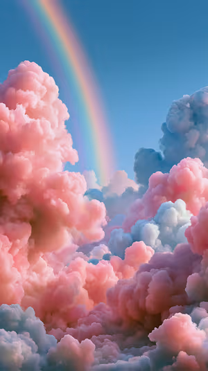 Dreamy pastel cloudscape with pink and blue tones and a soft rainbow arc; ultra HD 8K iPhone background.