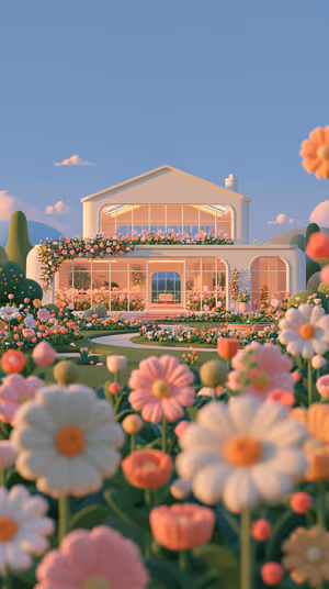 3D garden house centered on a pastel blue background in a whimsical floral aesthetic.
