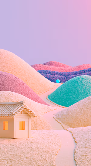 Dreamy pastel rolling hills on a pink and lavender background in a surreal aesthetic.