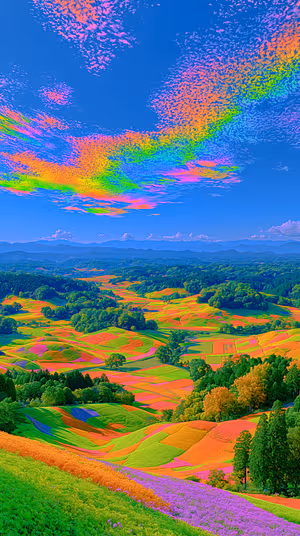 Psychedelic neon patchwork fields and rainbow clouds on a vivid multicolor sky, ultra HD 8K phone background.
