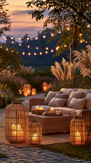 Cozy boho patio lounge with wicker lanterns and string lights on warm amber dusk ultra HD background