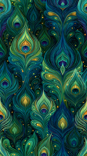 Ornate peacock feather pattern in teal, emerald and gold tones; ultra hd 8K decorative background for iPhone lock screen