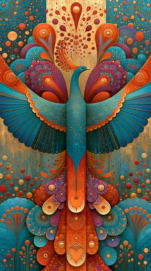 Ornamental peacock centered on a teal and gold background in an intricate mandala style ultra hd image