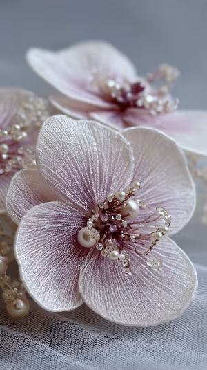 Macro blush pink pearl embellished flower centered on soft tulle, ultra HD background capturing thread and bead texture.