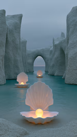 Surreal pearl shells with glowing pearls on a seafoam and muted blue gray background, ultra hd 8K.