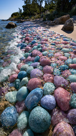 Surreal pastel pebble shore of glossy multicolor orbs with glittering sea reflections in a dreamy photorealistic style