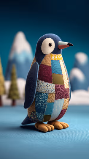 Quilted patchwork penguin plush centered on soft blue fabric with snowy bokeh, ultra HD 8K wallpaper.