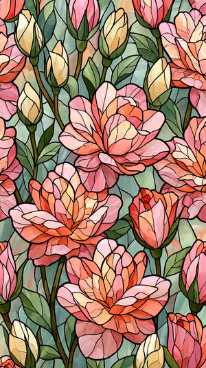 Stained glass peonies in coral pink and peach tones on a muted green background ultra HD floral mosaic.