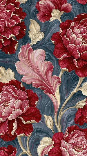 Baroque floral peonies against a swirling teal gray background with burgundy blooms and gold leaves ultra HD 8K image.